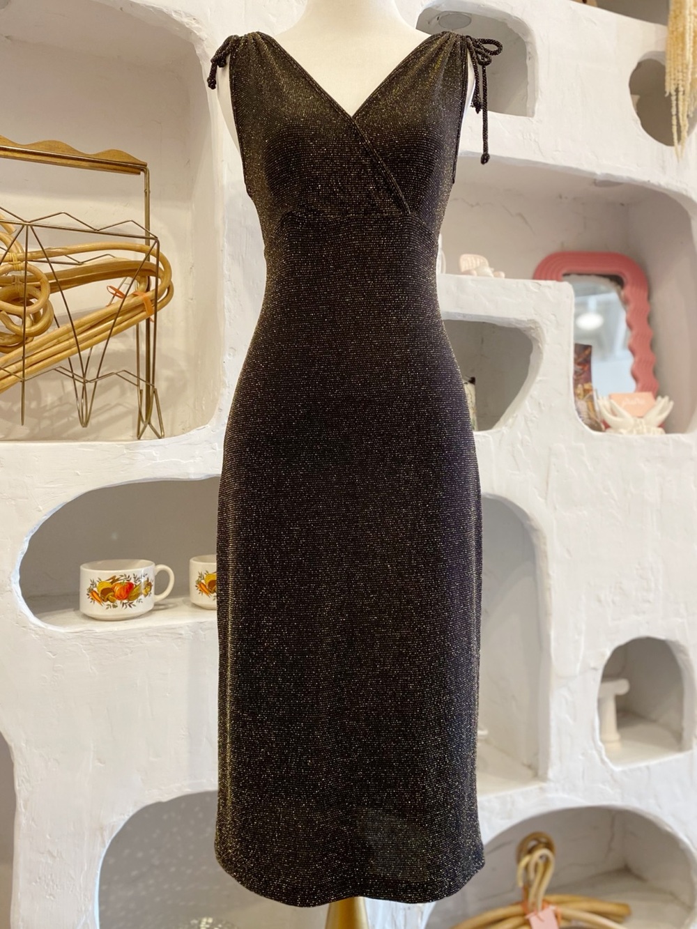 Y2K Black & Silver Sparkly Stretchy Sleeveless Midi Dress with Ruched Shoulders